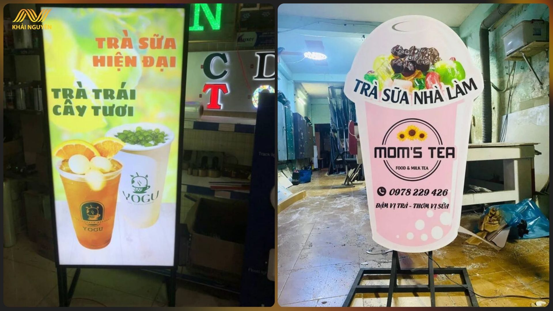 Biển vẫy kết hợp đèn LED giúp quán nổi bật vào buổi tối