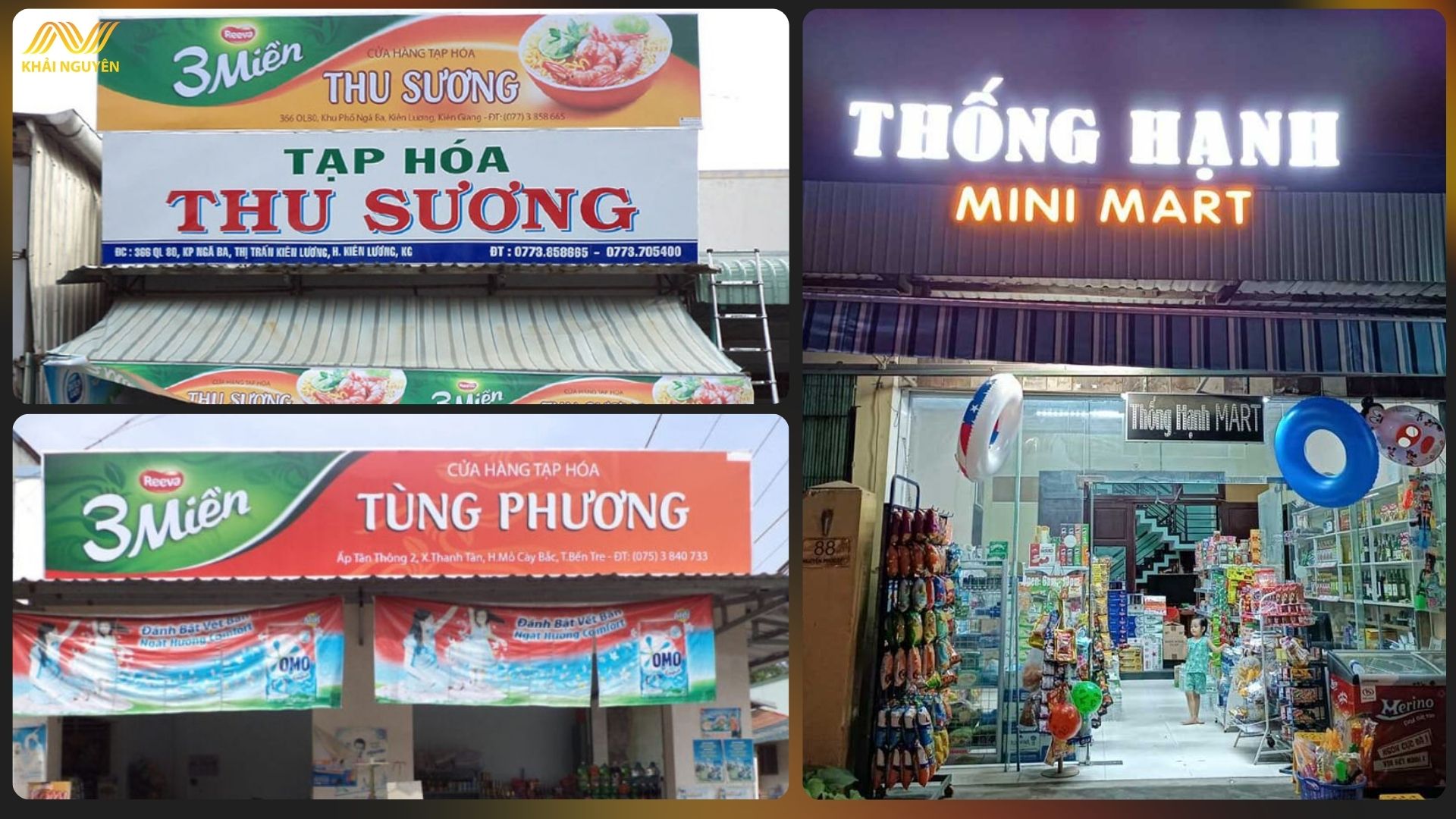 Biển tạp hóa kết hợp với hệ thống đèn giúp cửa hàng nổi bật về đêm