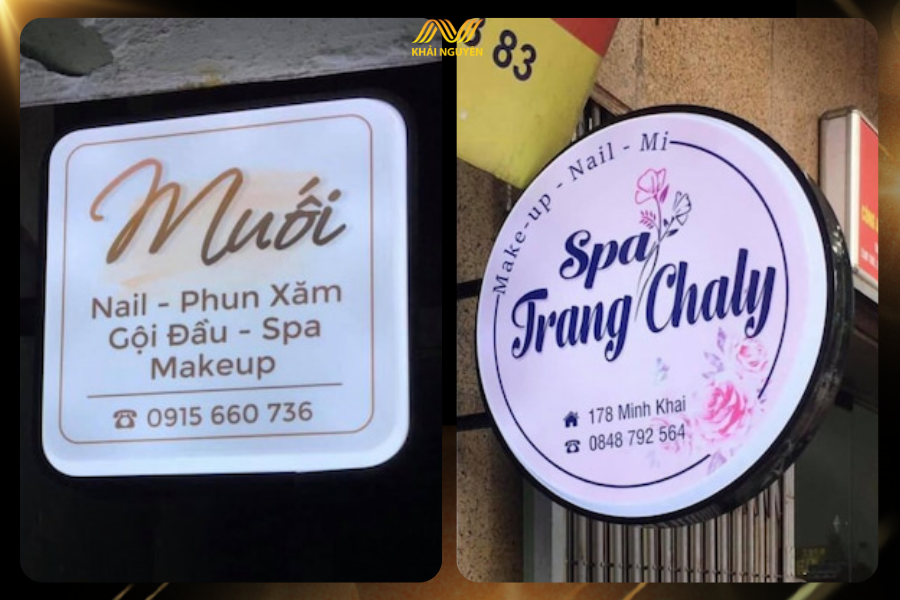 Hai biển vẫy spa gắn tường: biển vuông nền trắng chữ Muối nâu và biển tròn nền hồng chữ Spa Trang Chaly xanh than