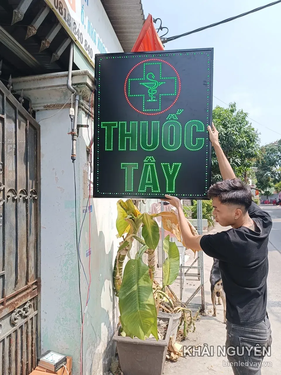 Nam thanh niên nâng biển vẫy LED THUỐC TÂY cỡ lớn lên vị trí treo trước nhà, chậu cây và ngõ phố phía sau
