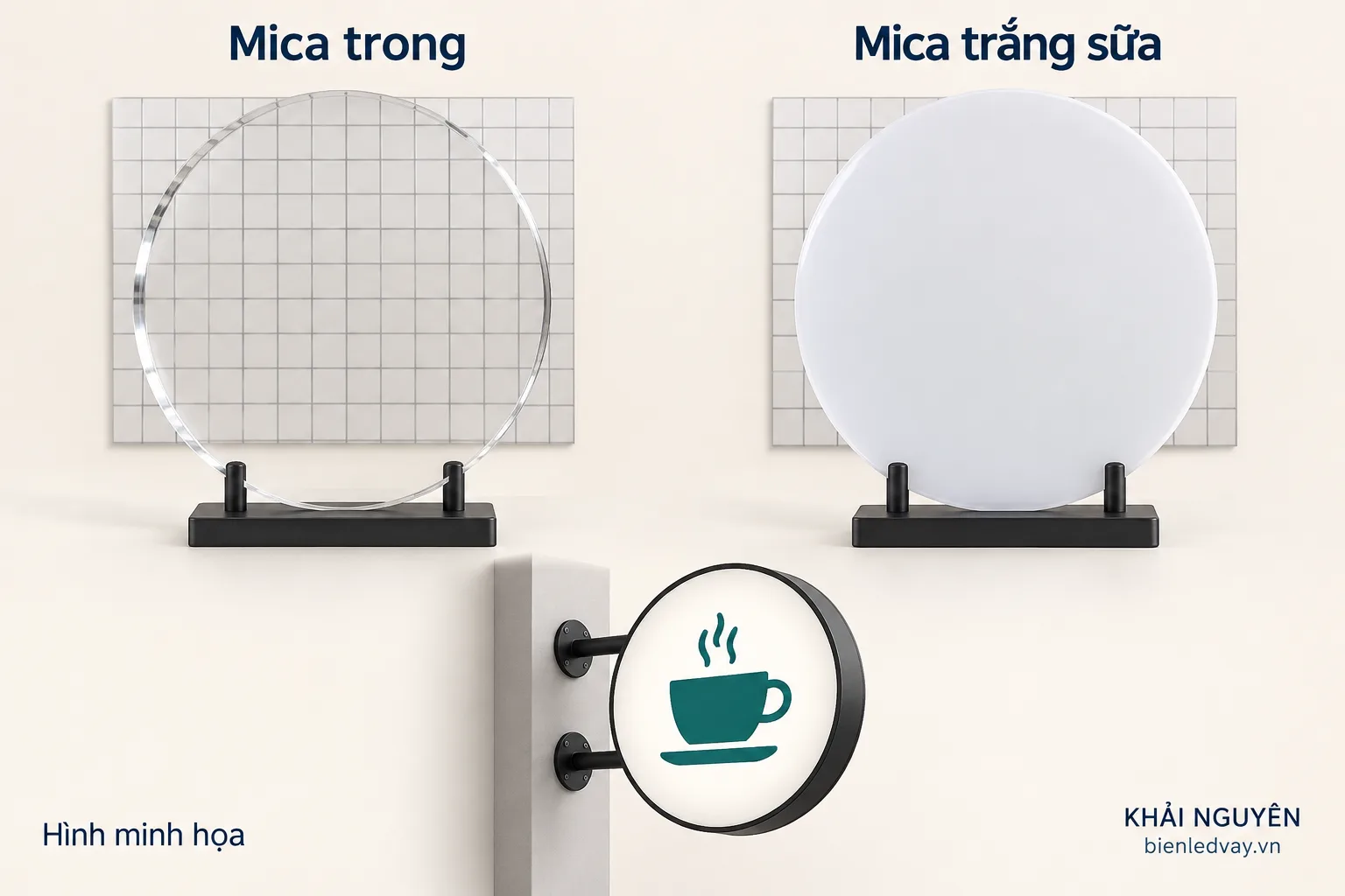 Mẫu mica trong nhìn thấy ô lưới phía sau và mẫu mica trắng sữa che mờ ô lưới