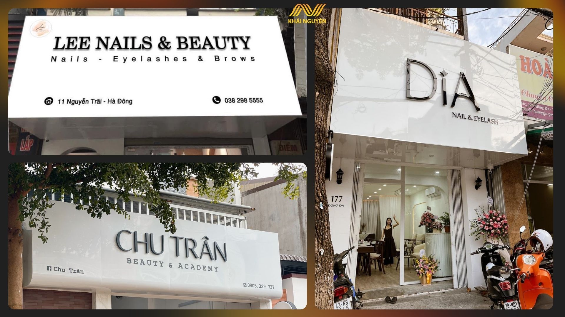 Ba biển alu trắng chữ nổi salon nail: Lee Nails Beauty, Chu Trân Beauty Academy và Dia Nail Eyelash