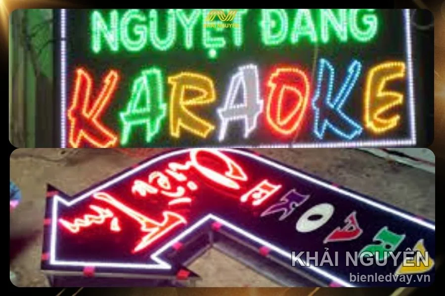 Mẫu biển karaoke kết hợp chữ sáng và mũi tên chỉ hướng