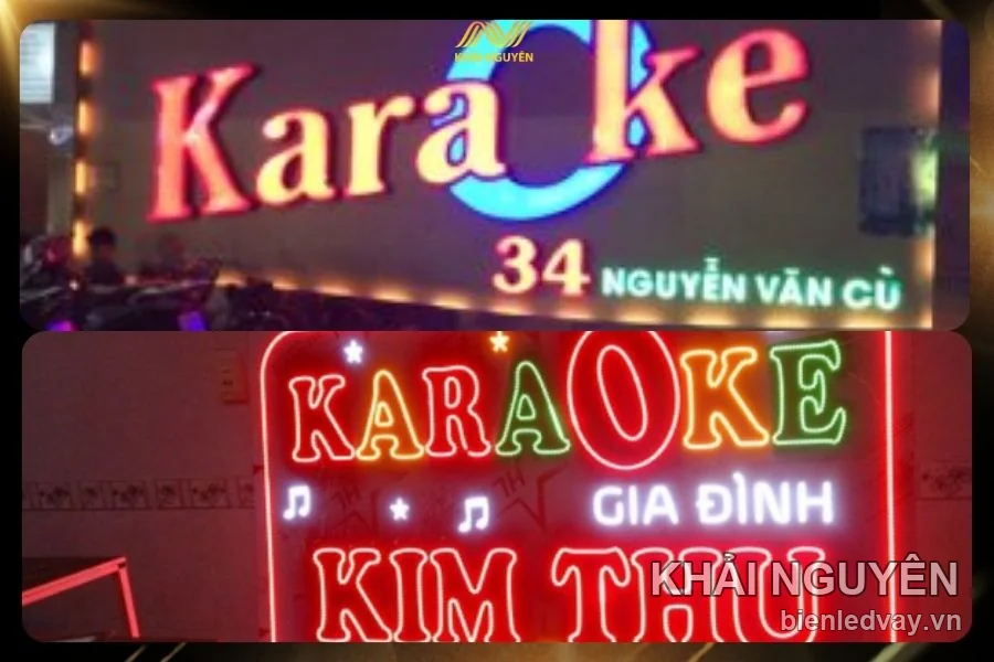 Hai mẫu biển karaoke, gồm bảng gắn mặt tiền và bảng LED karaoke gia đình
