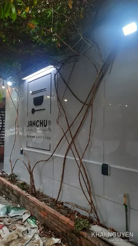 Bảng hiệu JANCHU chụp buổi tối, chữ nổi mica trên tường trắng, đèn pha chiếu sáng, dây leo khô phủ phía trước