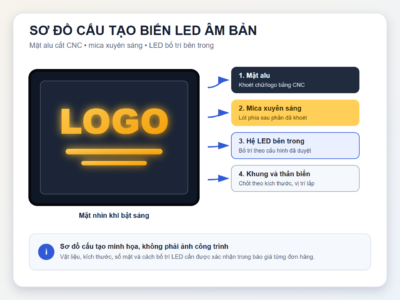 Sơ đồ cấu tạo biển LED âm bản gồm mặt alu cắt CNC, mica xuyên sáng và LED bên trong