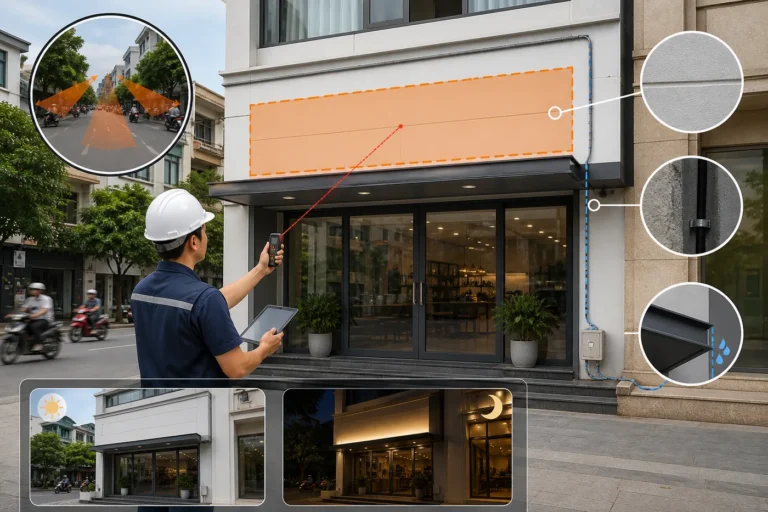 Minh họa khảo sát mặt tiền, góc nhìn và vị trí lắp biển quảng cáo