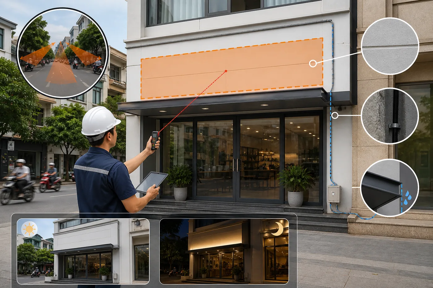 Minh họa khảo sát mặt tiền, góc nhìn và vị trí lắp biển quảng cáo