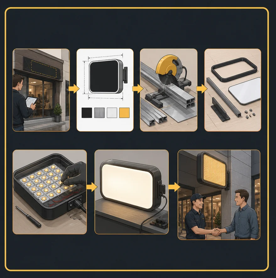 Quy trình từ khảo sát, bản vẽ, gia công, lắp LED, thử sáng đến lắp đặt